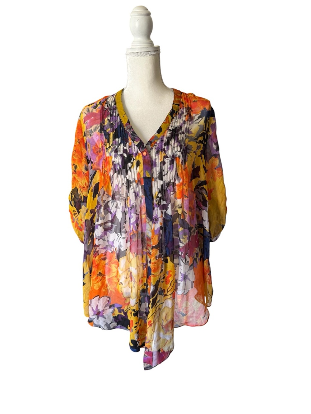 Gibson Floral Pleated V-Neck Blouse - Yellow & Purple
